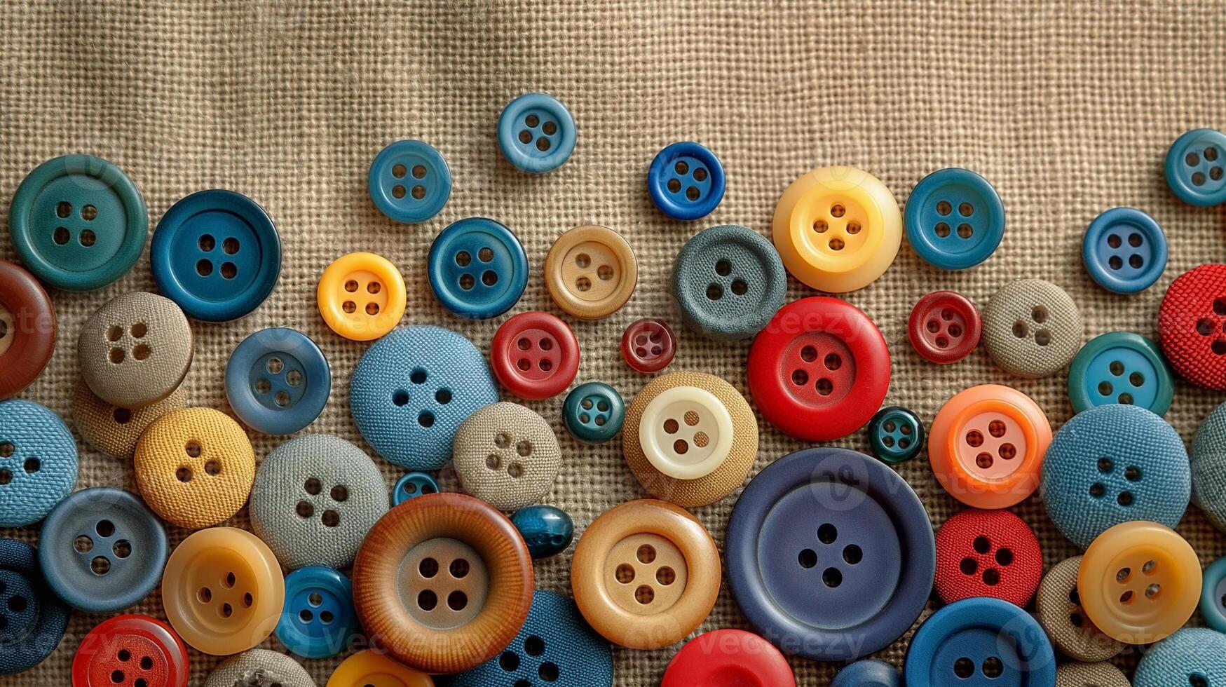 A vibrant assortment of colorful buttons scattered on a textured fabric surface. photo
