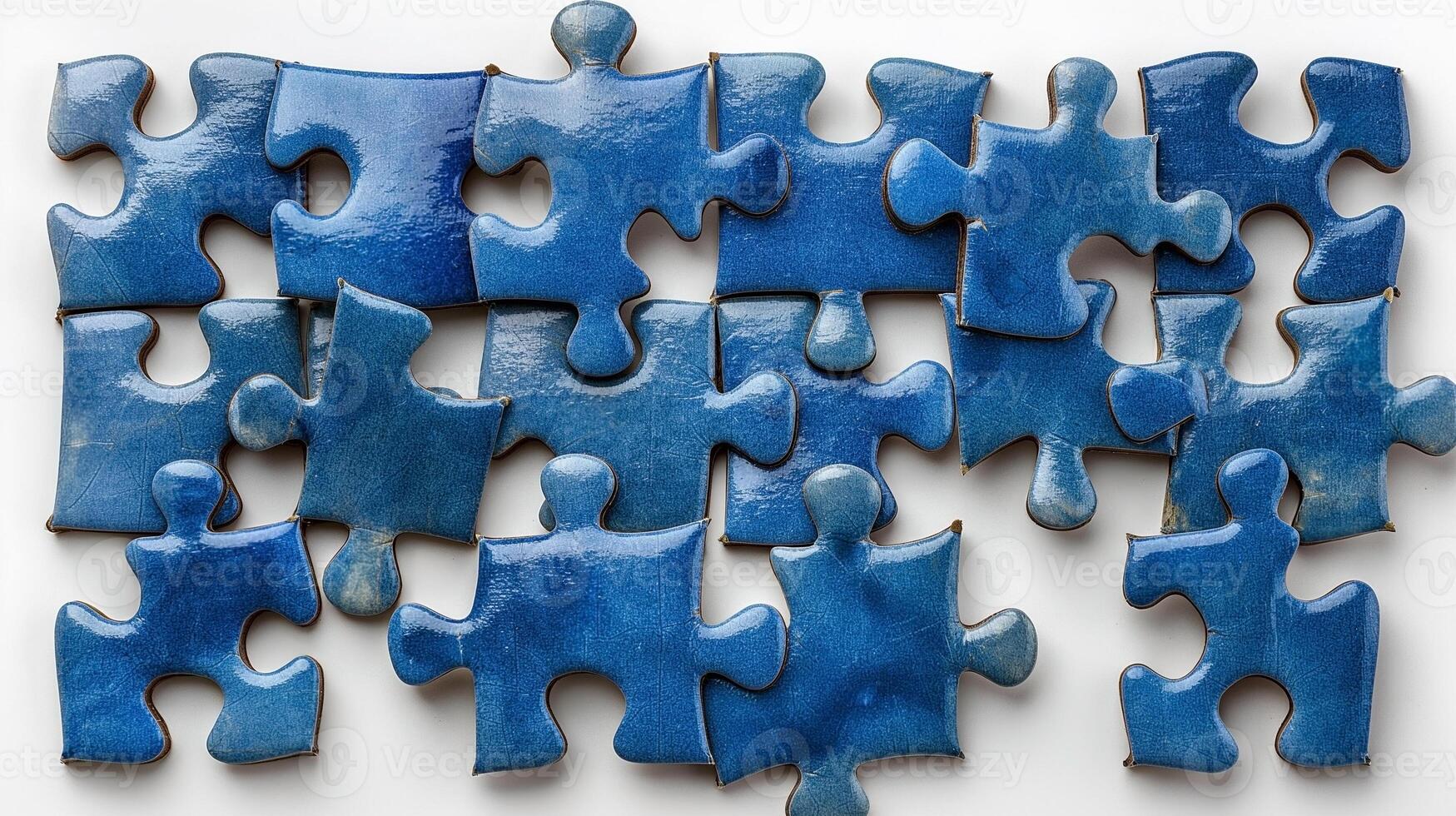 A collection of blue jigsaw puzzle pieces scattered on a white background. photo