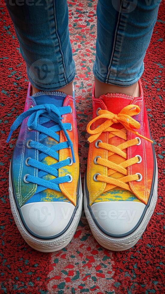 A vibrant pair of colorful sneakers on a playful red textured surface, showcasing creativity and fun. photo