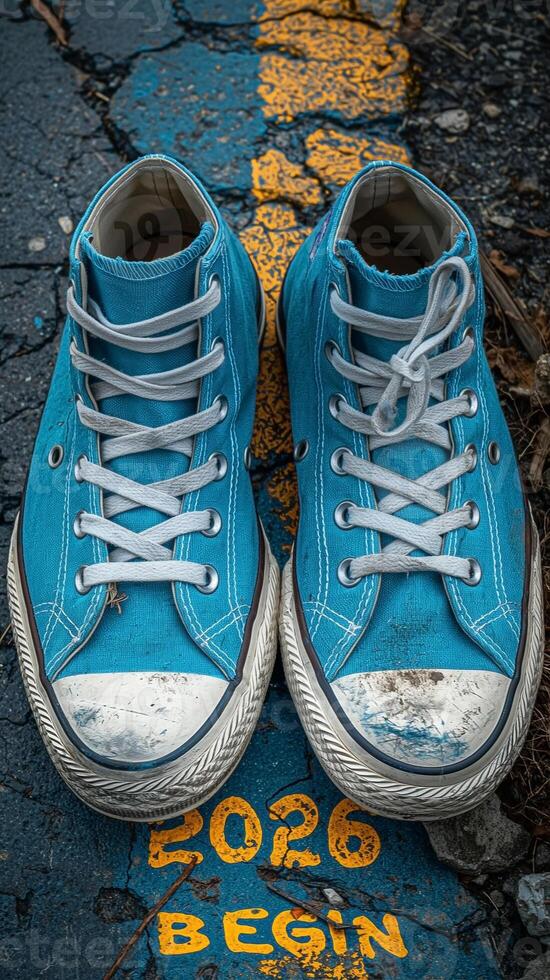 Close-up of vibrant blue sneakers with worn-out soles on a cracked asphalt path marked with a yellow line. photo