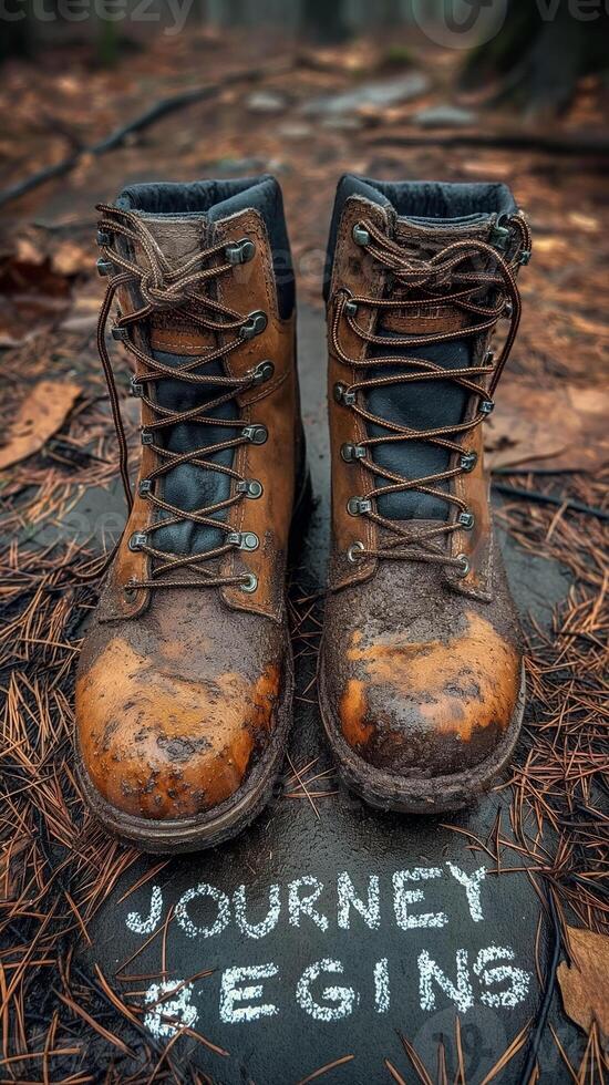Worn hiking boots with mud and leaves symbolizing the start of an adventurous journey. photo