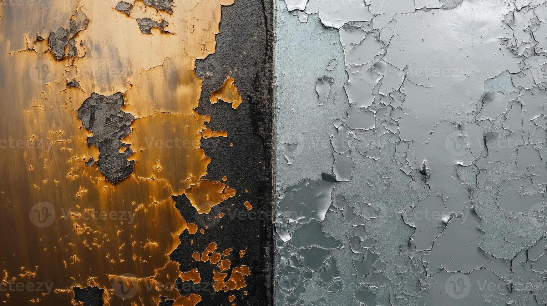 A close-up of two contrasting metal surfaces, one with chipped orange paint and the other with peeling gray paint. photo