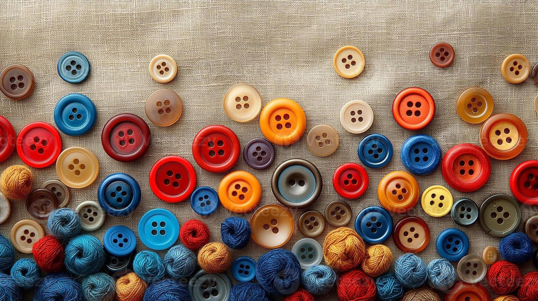 A vibrant collection of colorful buttons and wool yarn on a textured fabric background. photo