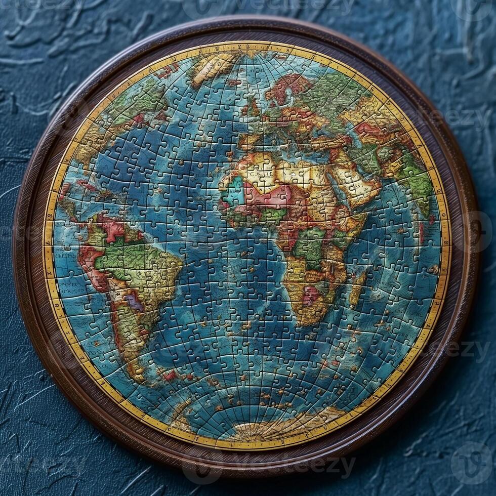 A vibrant circular jigsaw puzzle depicting a world map with detailed continents and oceans. photo