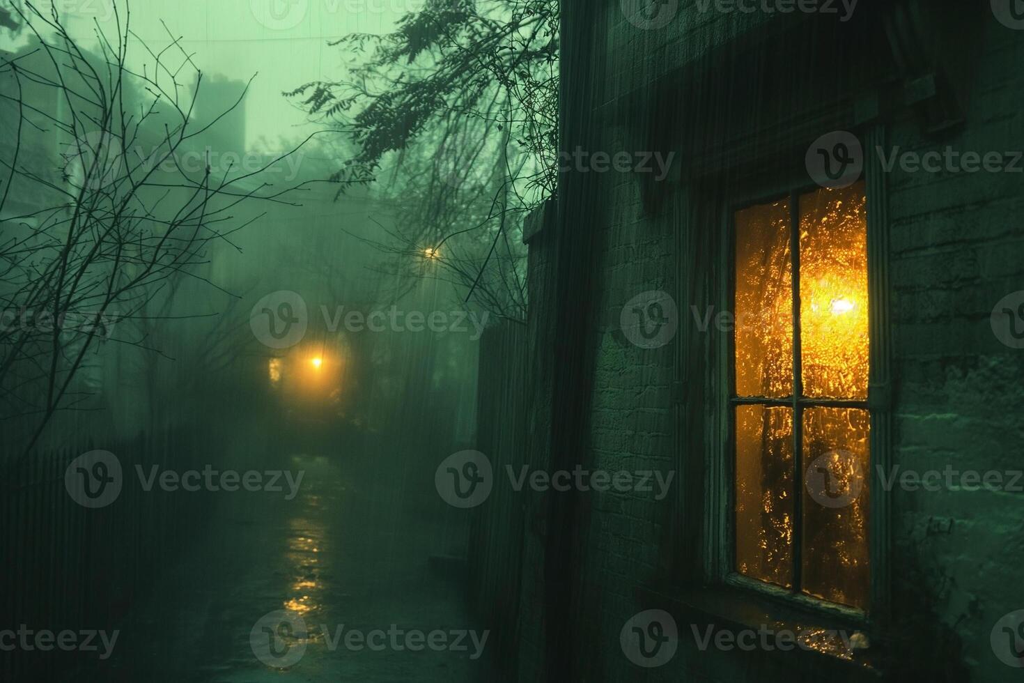 A moody, atmospheric scene featuring a dimly lit window on a rainy night, surrounded by fog and trees. photo