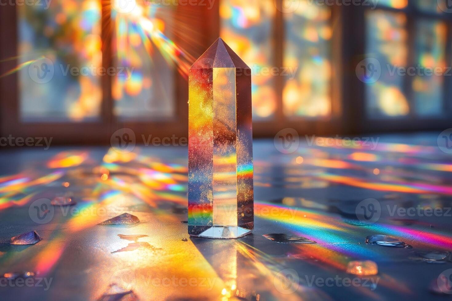 A stunning clear quartz crystal obelisk reflecting light and creating colorful rainbows around it. photo