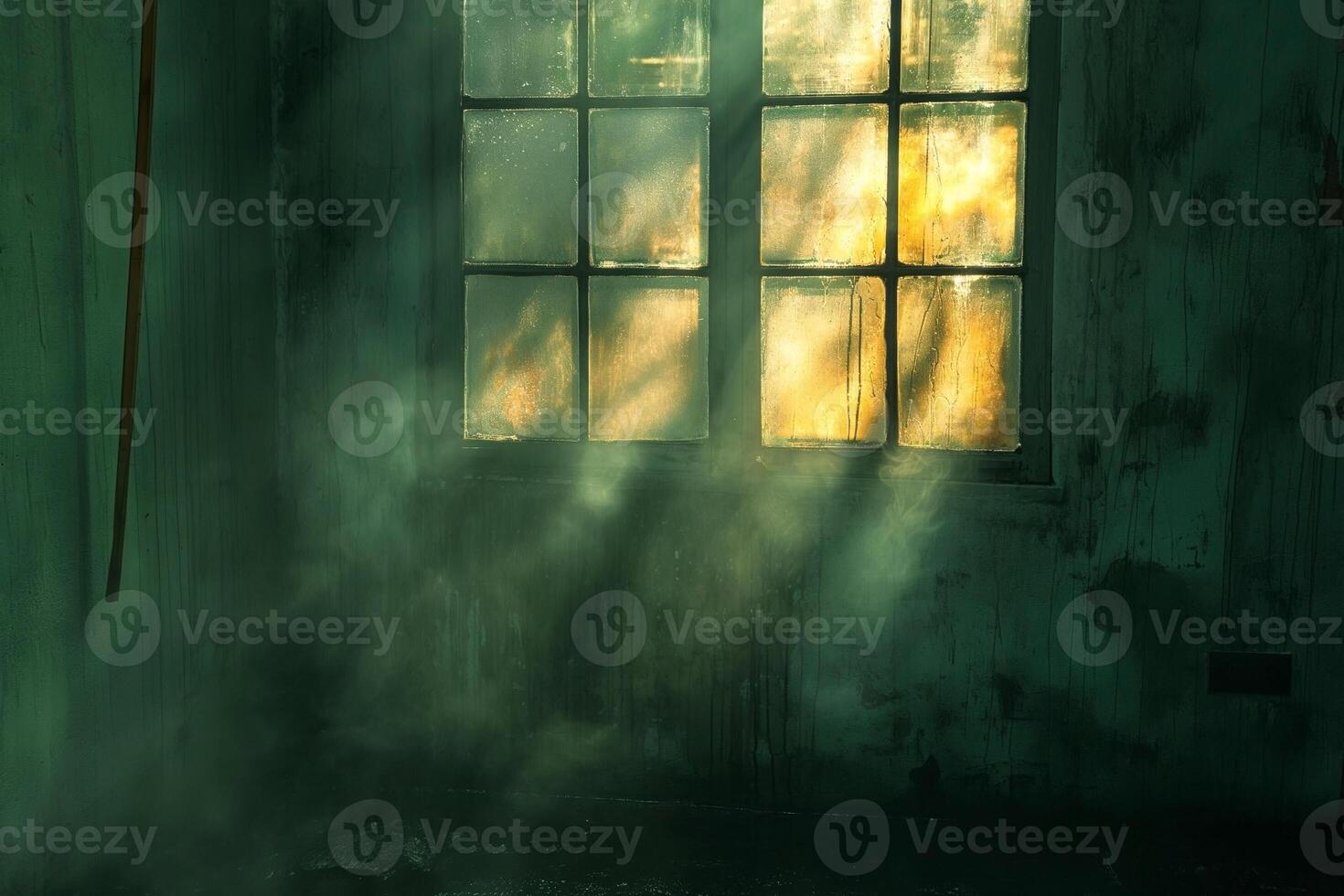 Mysterious green-tinted room with soft sunlight filtering through a dusty window. photo