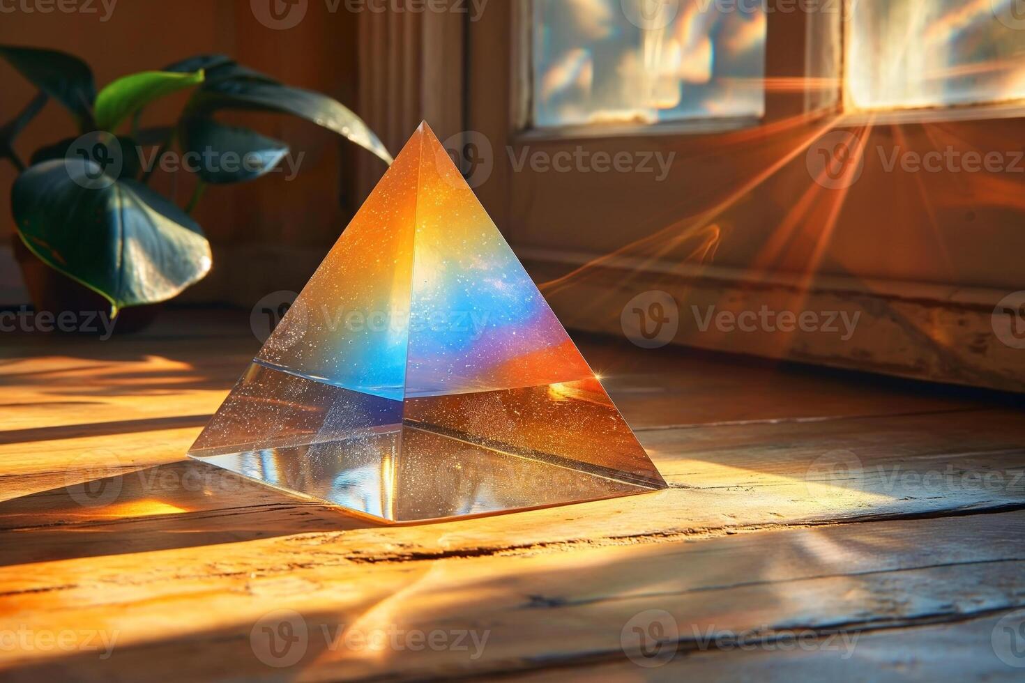 A stunning glass pyramid reflecting rainbow colors, resting on warm wooden floors with sunlight streaming in. photo