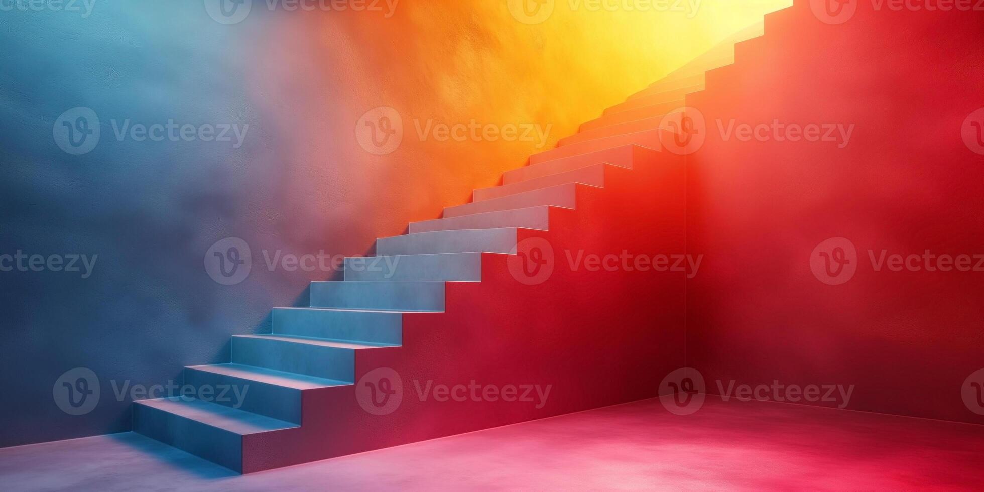 A striking blue staircase ascends against a vibrant gradient backdrop, creating a dreamlike atmosphere. photo