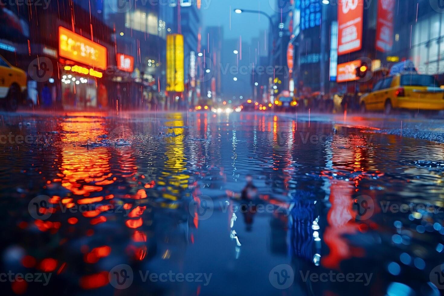Vibrant city lights reflect in puddles on a rainy evening, creating a colorful urban atmosphere. photo