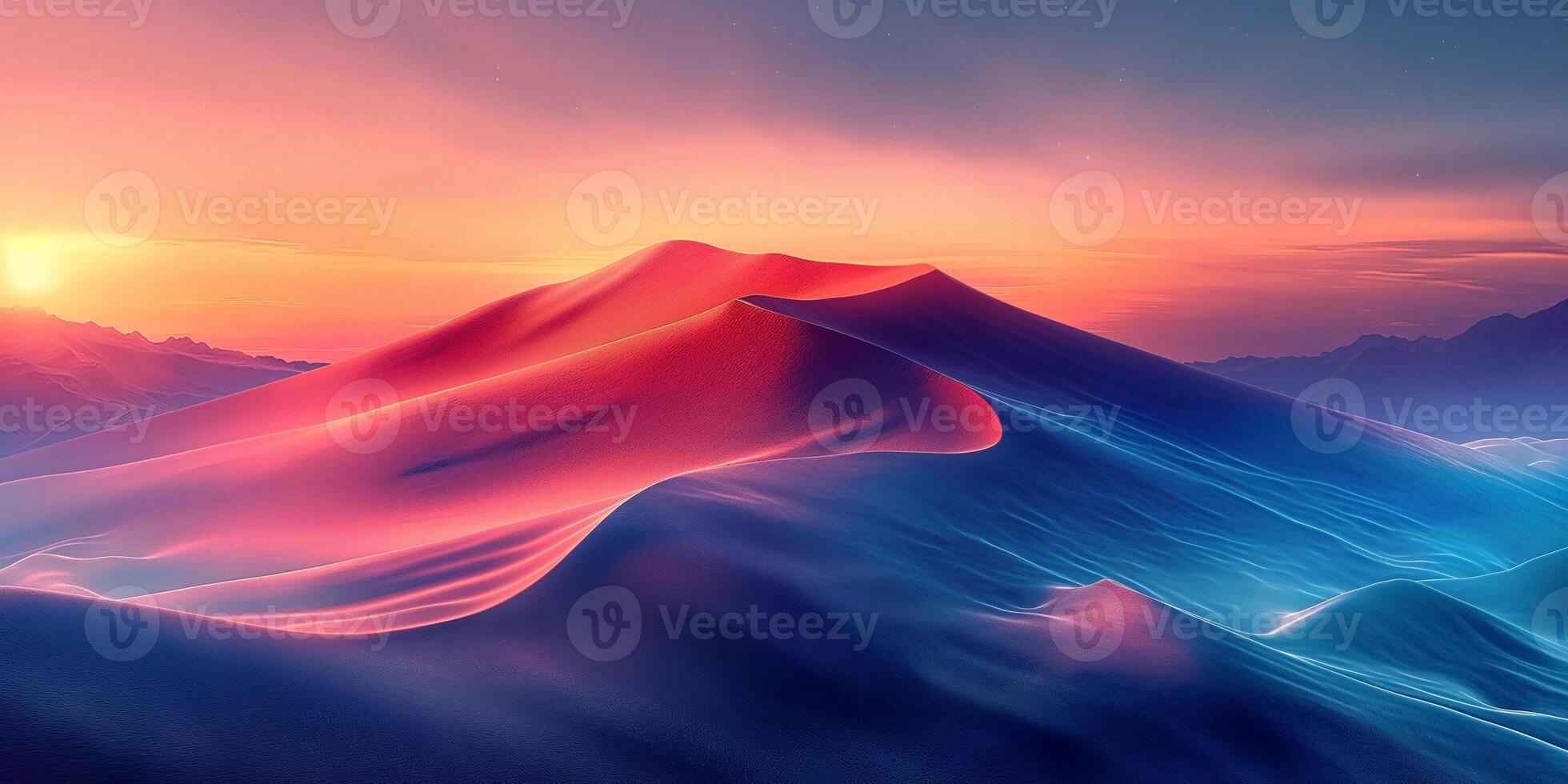 Dramatic sunset over vibrant sand dunes, showcasing a blend of warm and cool tones in a breathtaking desert landscape. photo