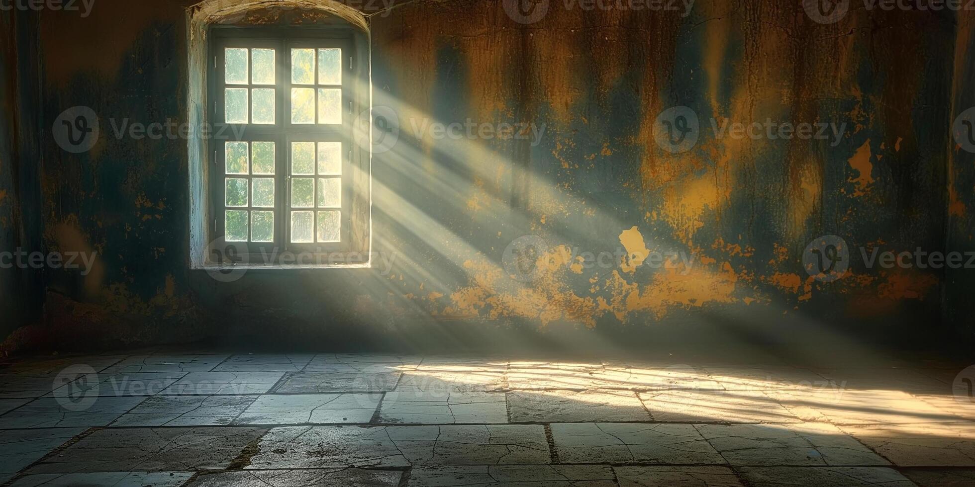 Golden rays of sunlight streaming through a dusty window in a worn, abandoned room, creating a serene and nostalgic atmosphere. photo