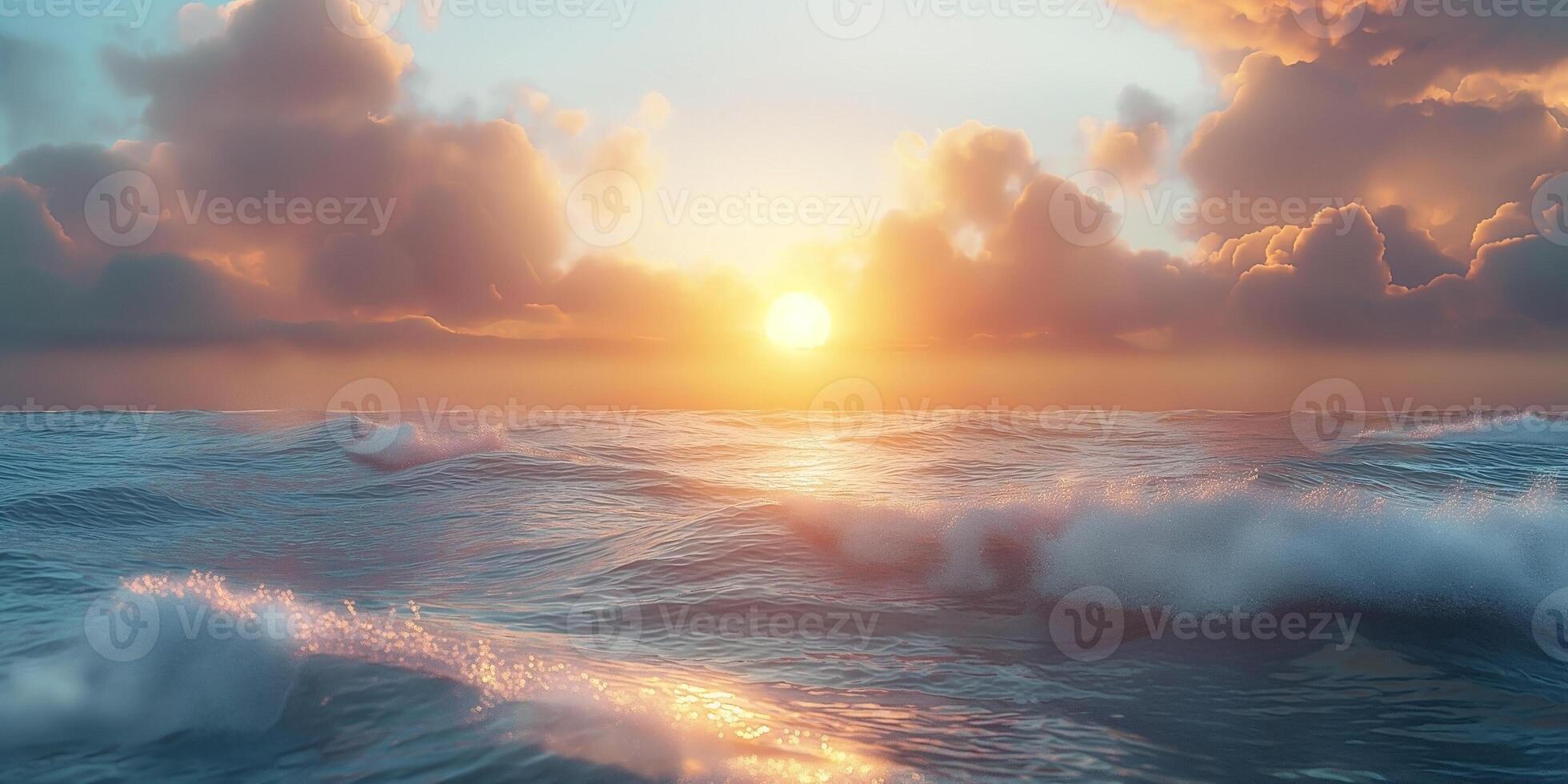A stunning sunset over a tranquil ocean, showcasing vibrant colors and soft waves. photo