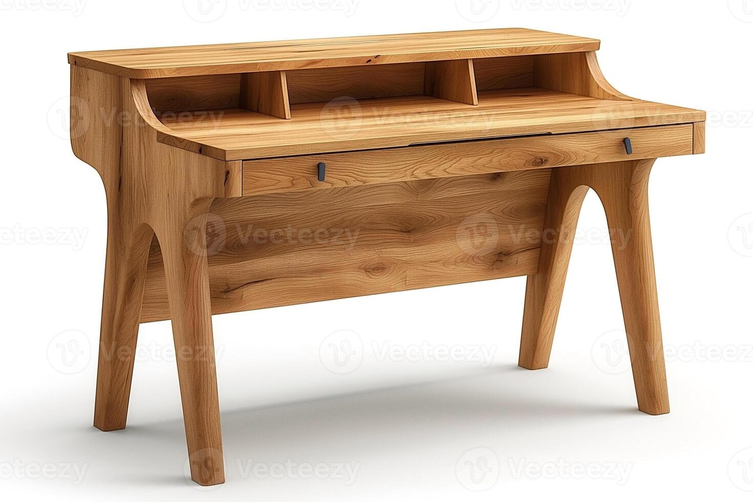 Elegant wooden desk with a natural finish, featuring a minimalist design and spacious compartments for storage. photo