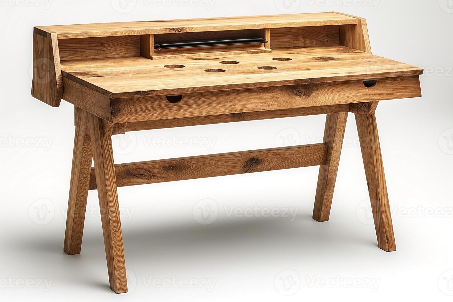 Stylish wooden workstation with a minimalist design, showcasing natural wood tones and thoughtful ergonomic features. photo