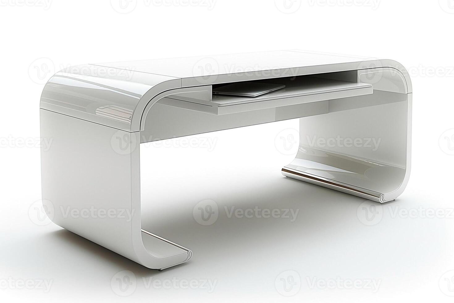 A sleek, modern white desk featuring smooth curves and a minimalist design, perfect for contemporary workspaces. photo
