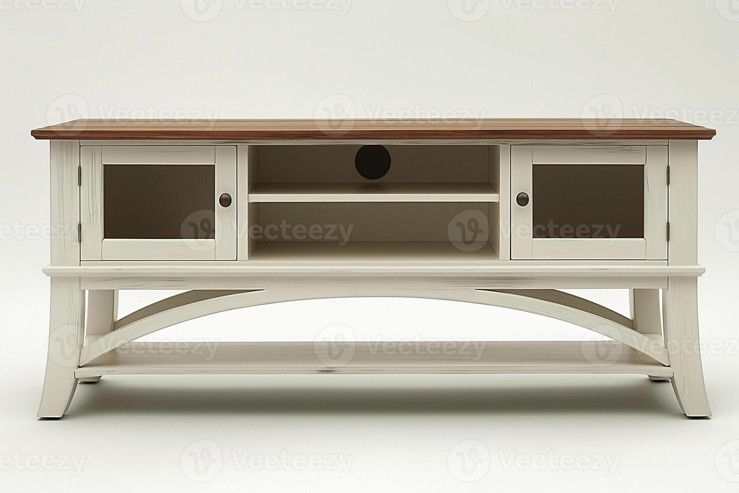 Elegant wooden TV stand with a light cream finish and a rich walnut top, featuring glass doors and a contemporary design. photo
