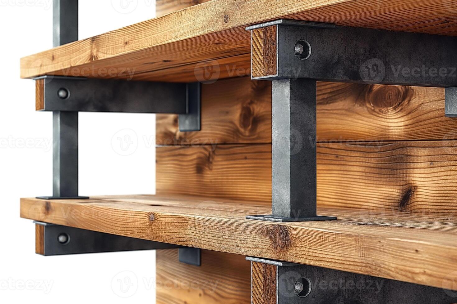 Rustic wooden shelving with industrial metal supports, showcasing a blend of natural and modern design elements. photo