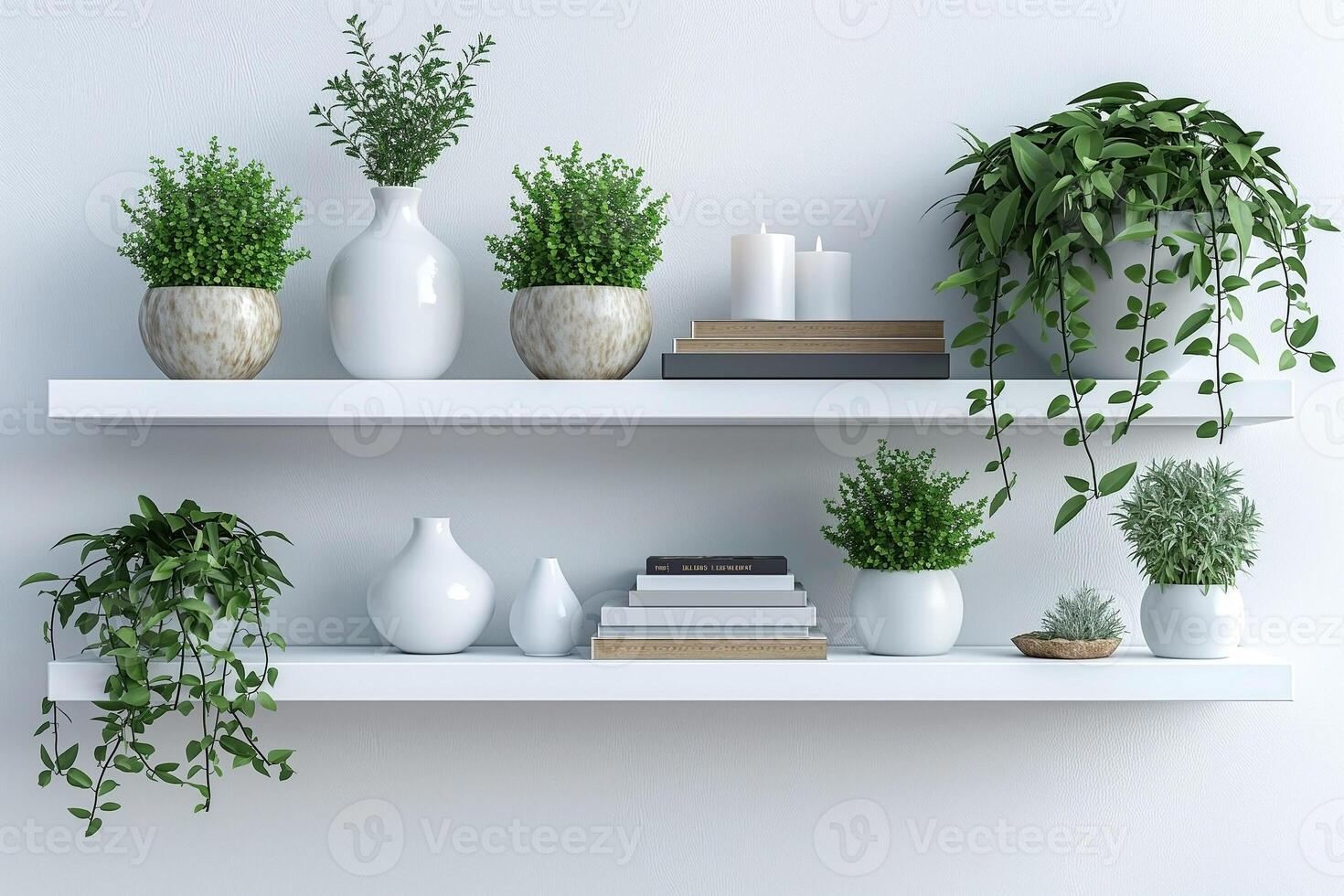 Stylish white shelves adorned with vibrant green plants and elegant decor items, creating a fresh and modern aesthetic. photo