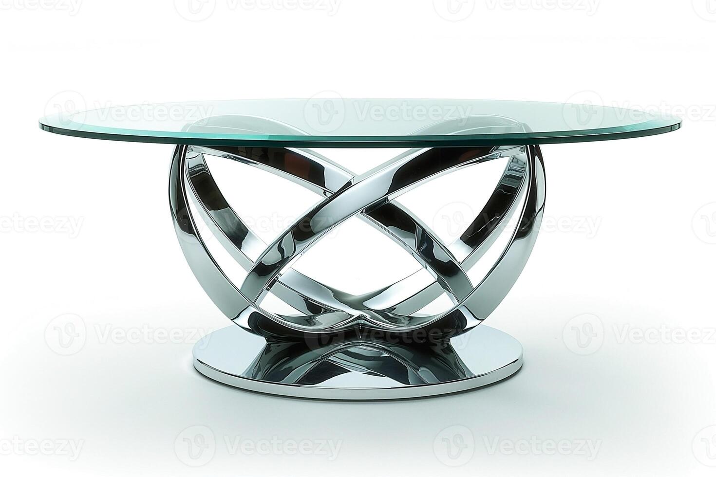 Elegant modern glass dining table with a unique chrome base, showcasing a stylish design perfect for contemporary interiors. photo