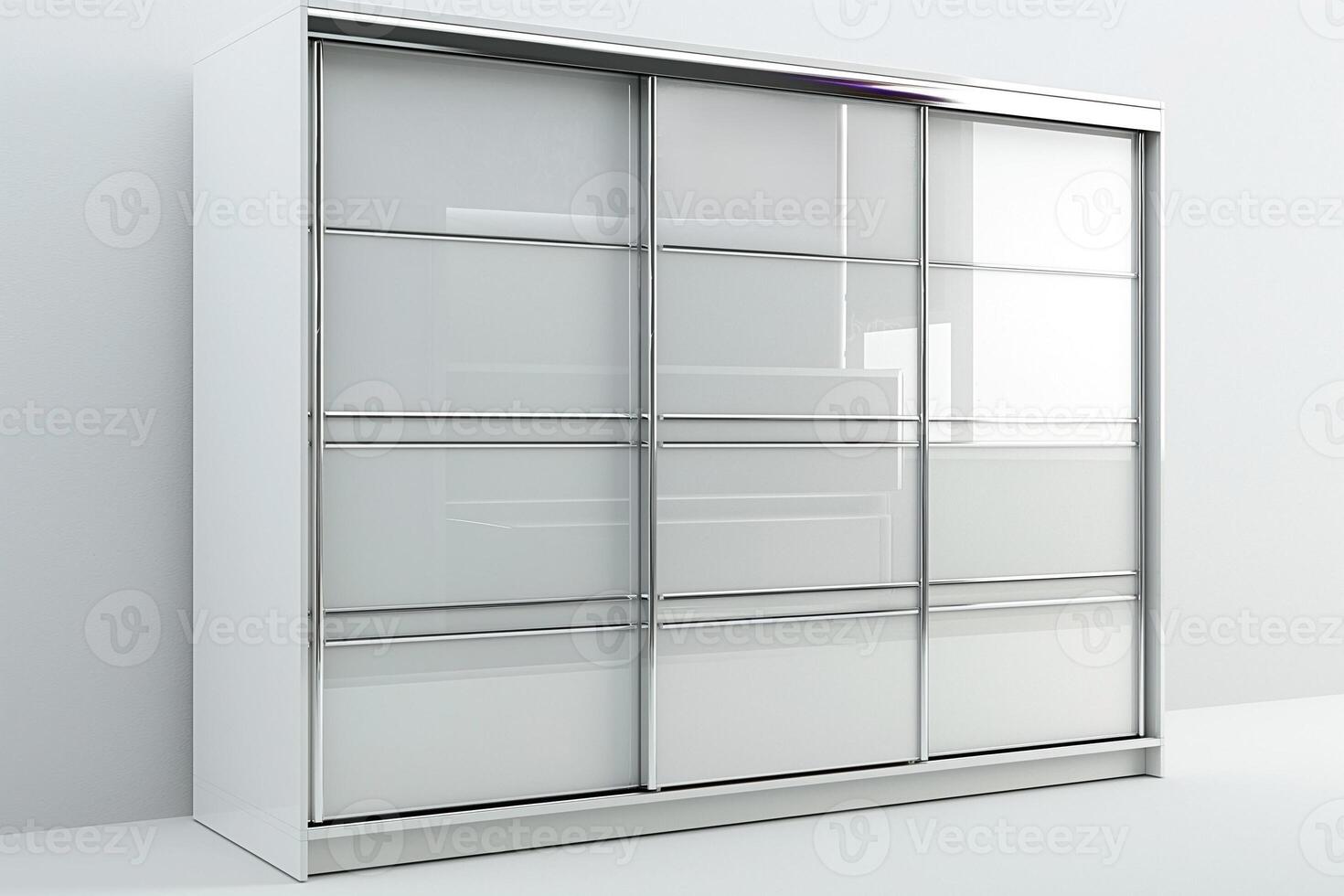 Modern sleek white wardrobe with sliding doors, featuring a minimalist design perfect for contemporary interiors. photo