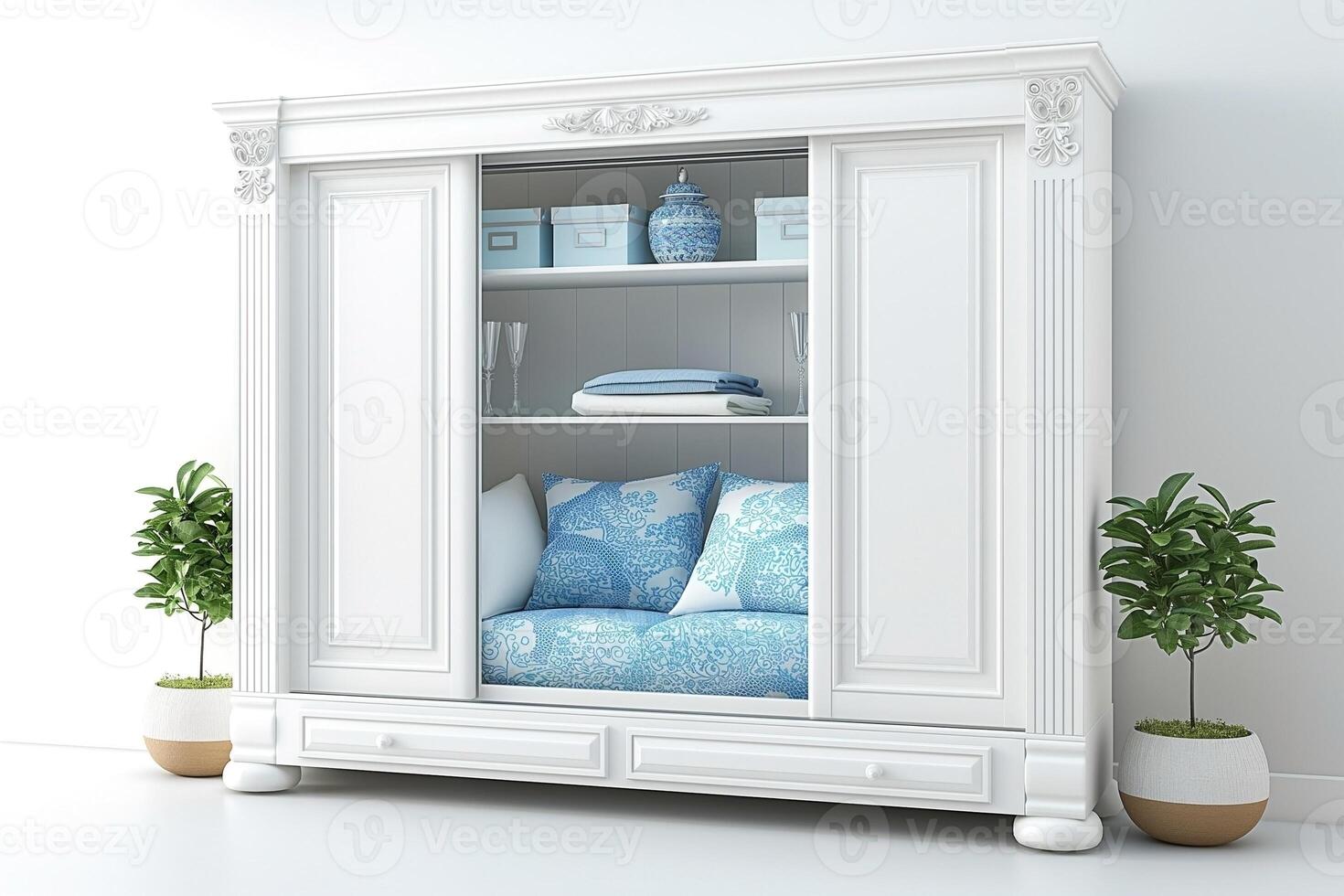 Elegant white furniture featuring a cozy nook, adorned with blue cushions and decorative elements, enhancing a modern interior. photo