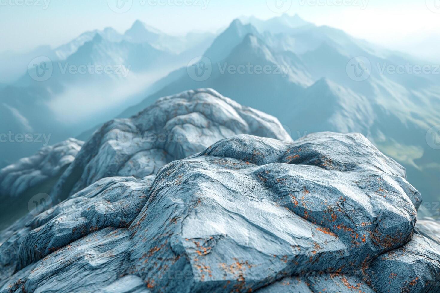 Close-up of rugged rocks with a stunning mountain range in the background, showcasing nature's beauty and texture. photo