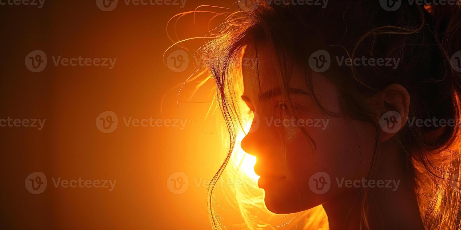 A serene young woman with flowing hair illuminated by a warm sunset glow. photo