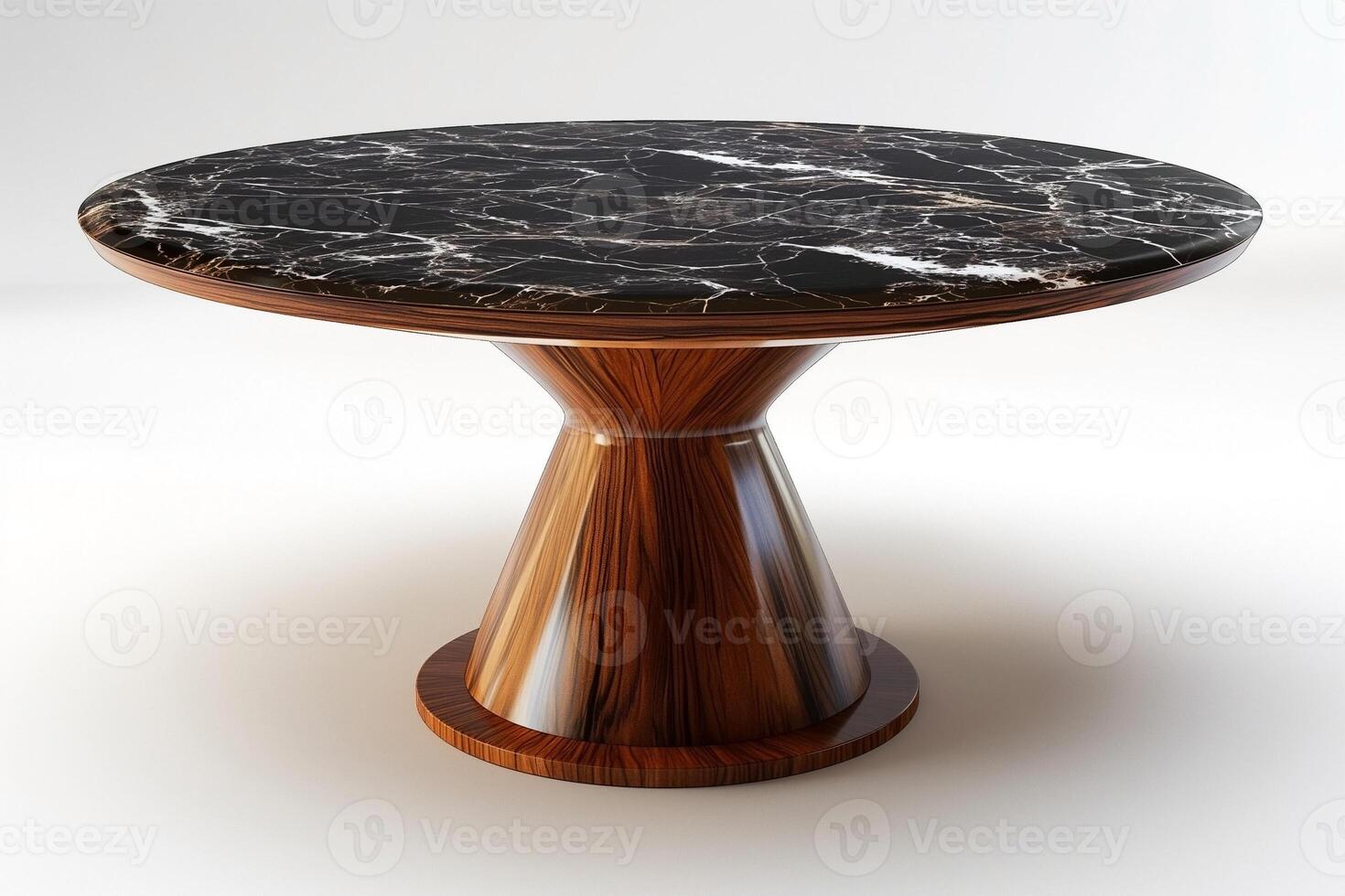 Elegant round table featuring a striking black marble top with intricate white veining, supported by a sleek wooden base. photo