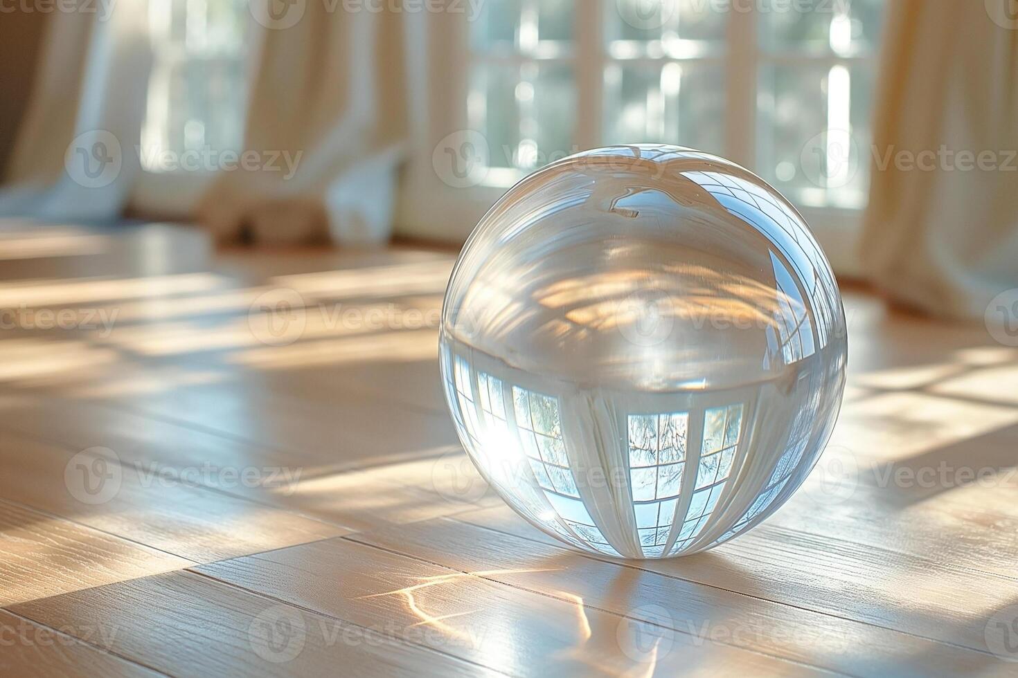 A clear glass sphere on a wooden floor, reflecting soft sunlight and window patterns, creating a serene and calming mood. photo