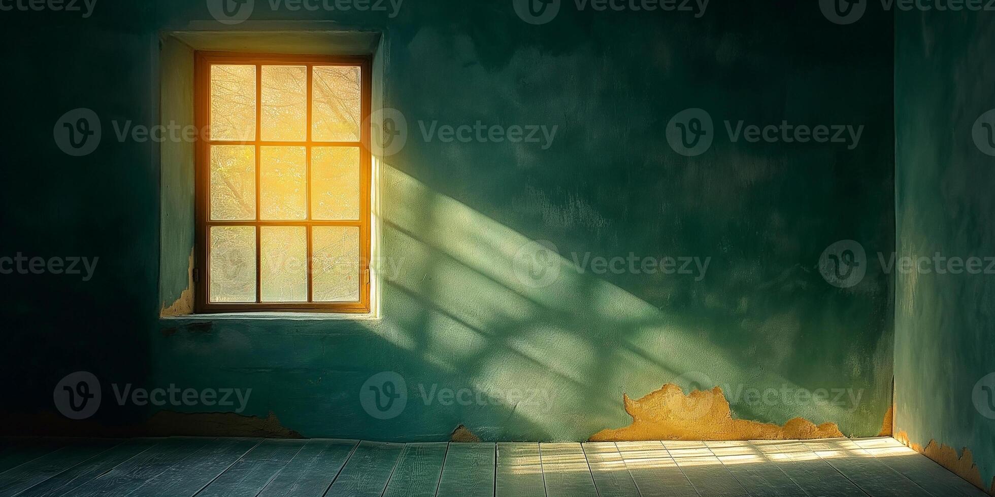 A serene, weathered room with sunlight streaming through an old wooden window, casting soft shadows on a textured green wall. photo