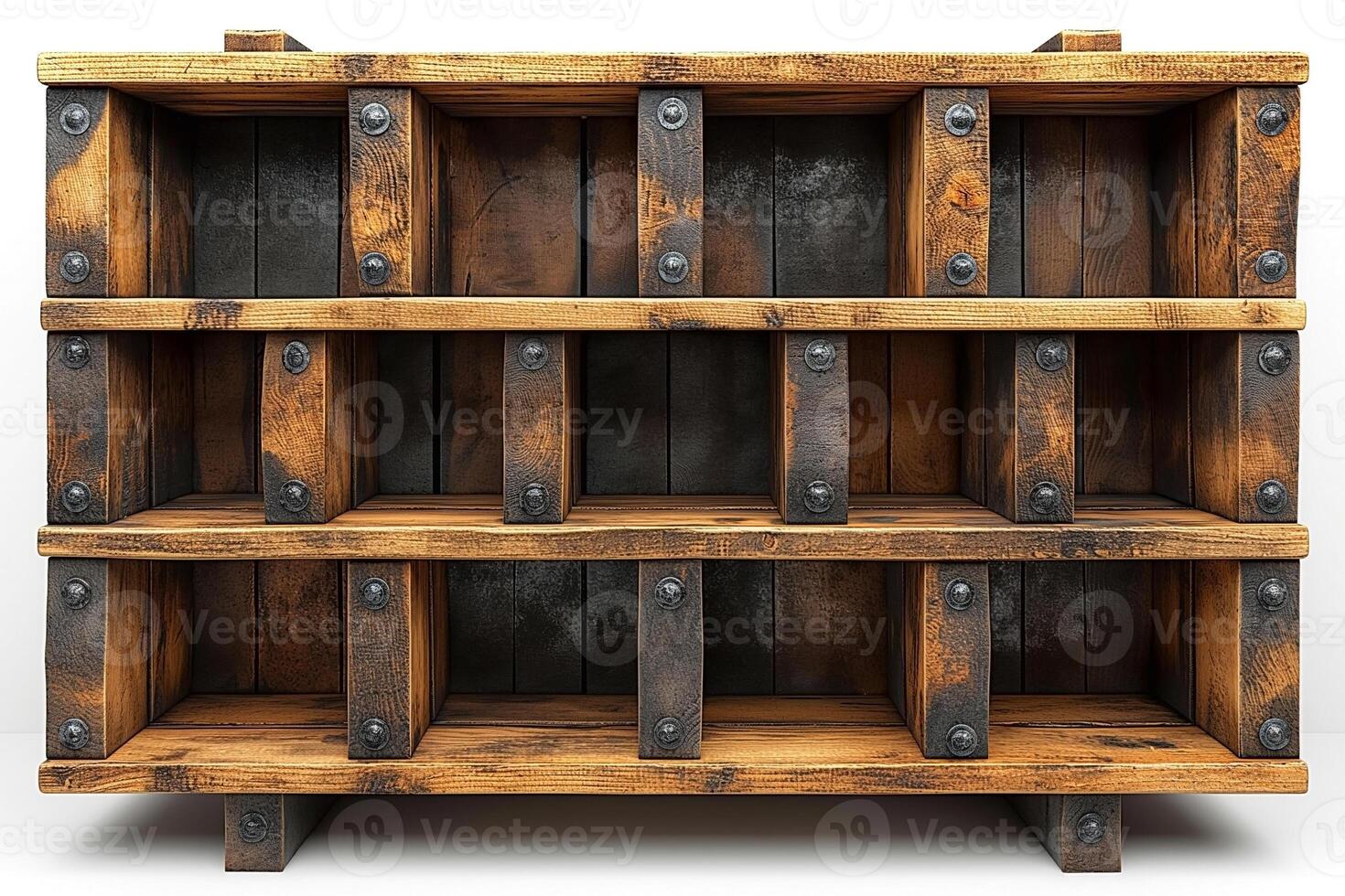 Rustic wooden shelving unit with metal accents, perfect for displaying decor or organizing items. photo