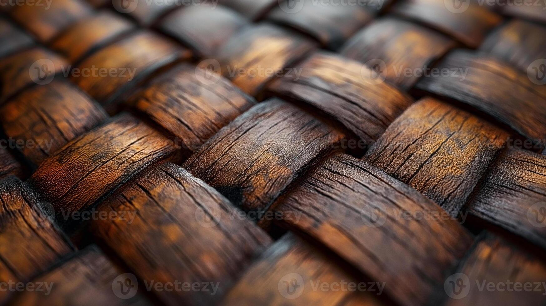 Close-up of intricately woven wooden texture showcasing rich tones and detailed craftsmanship. photo