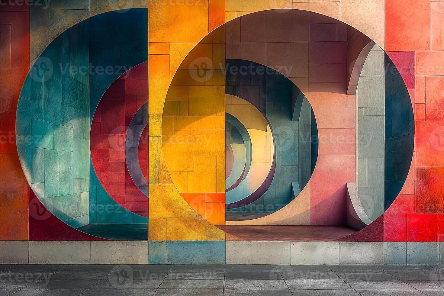 Vibrant geometric circles create a stunning visual effect in a colorful architectural space. photo