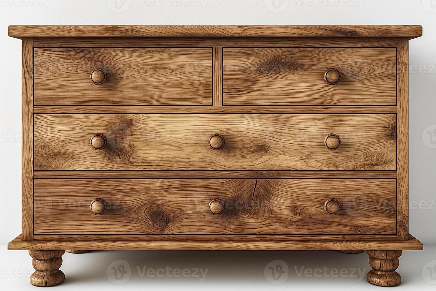 A classic wooden dresser with a natural finish and decorative round knobs, ideal for any bedroom setting. photo