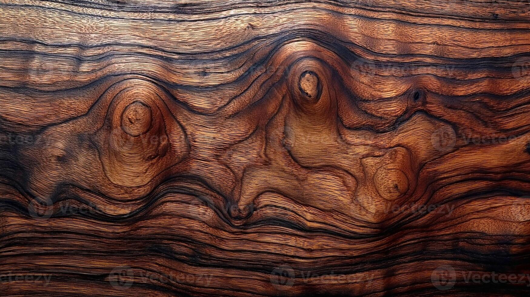 Close-up of a beautifully textured wooden surface showcasing rich, swirling patterns and natural knots. photo