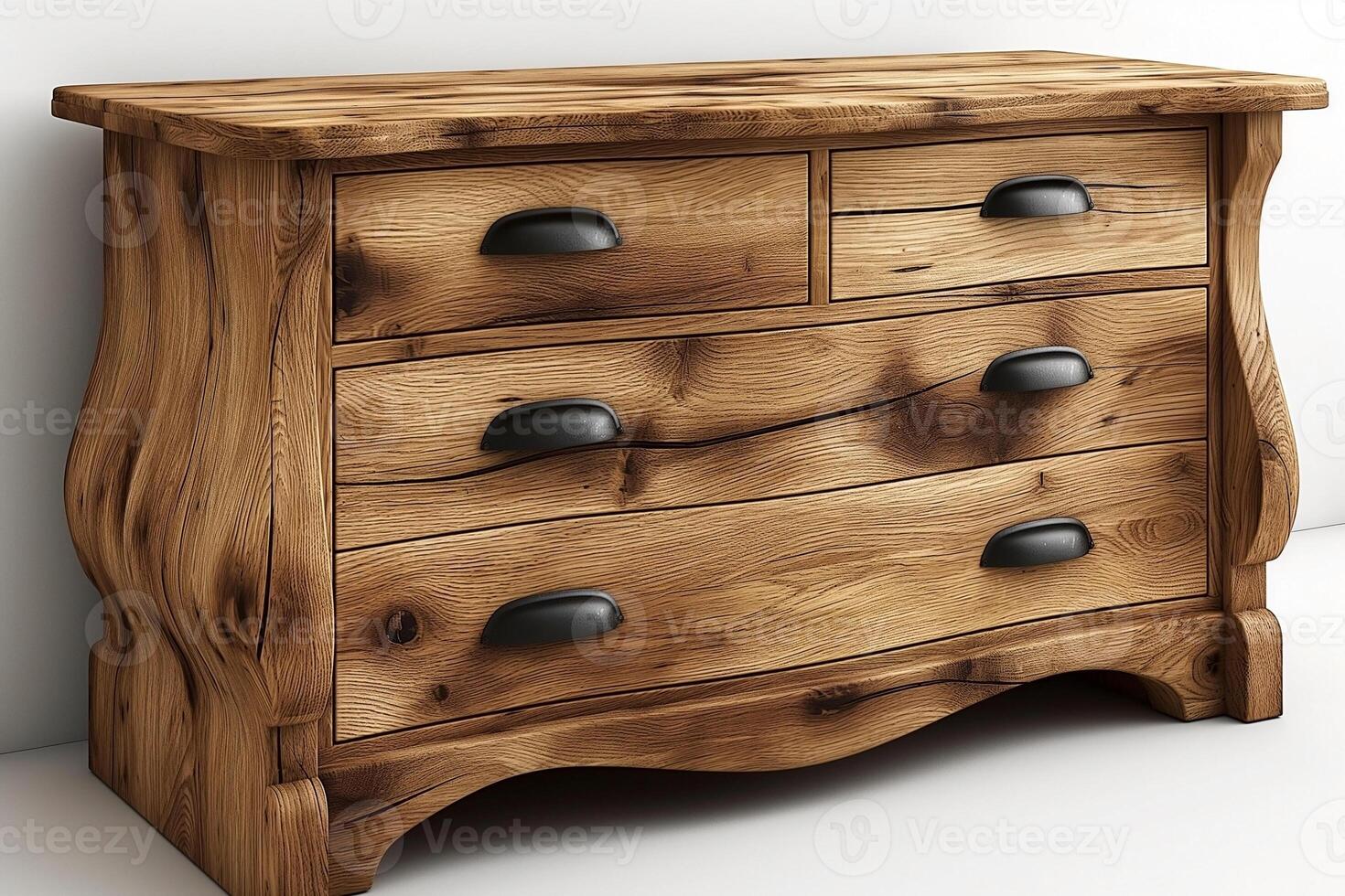 Rustic wooden dresser with elegant curves and sleek black handles, perfect for adding charm to any room. photo