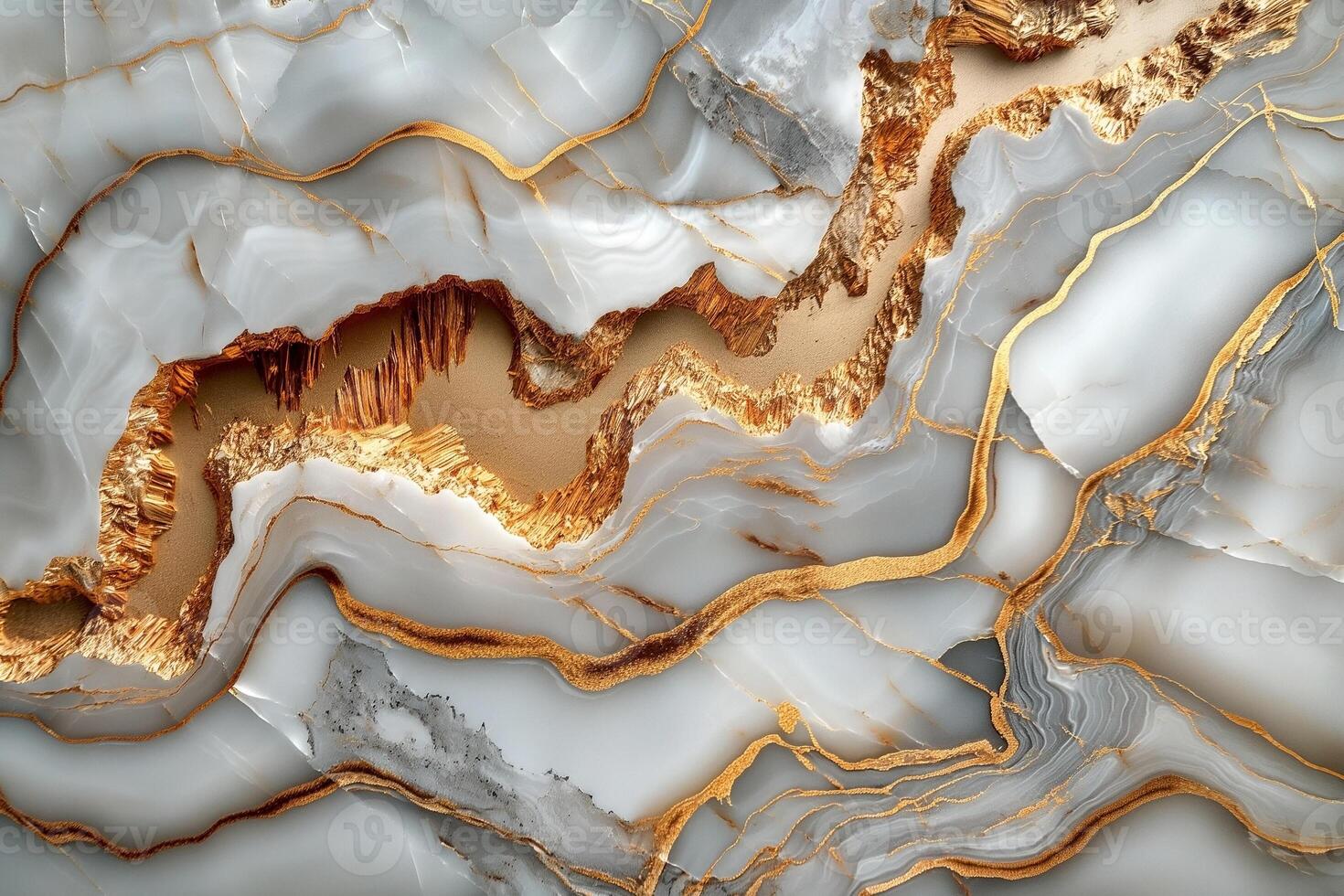 Elegant abstract pattern featuring soft white and grey tones interlaced with shimmering gold veins. photo