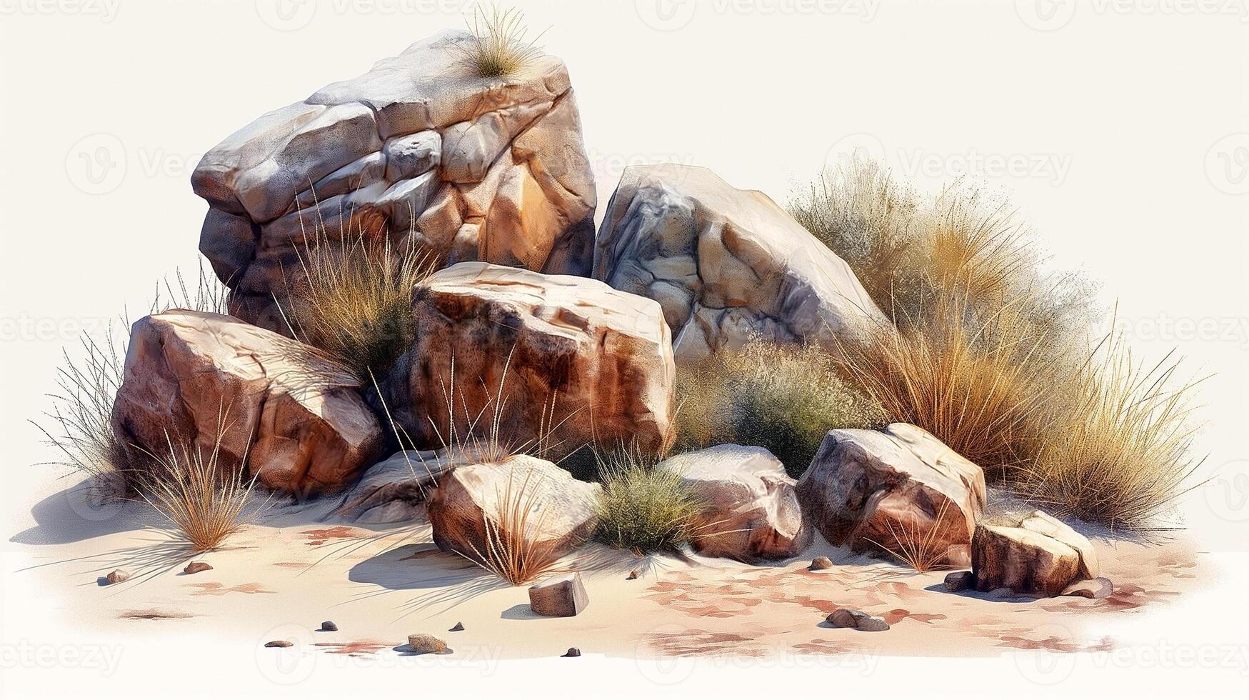 A serene desert scene featuring a cluster of rocks and sparse vegetation, showcasing earthy tones and natural textures. photo