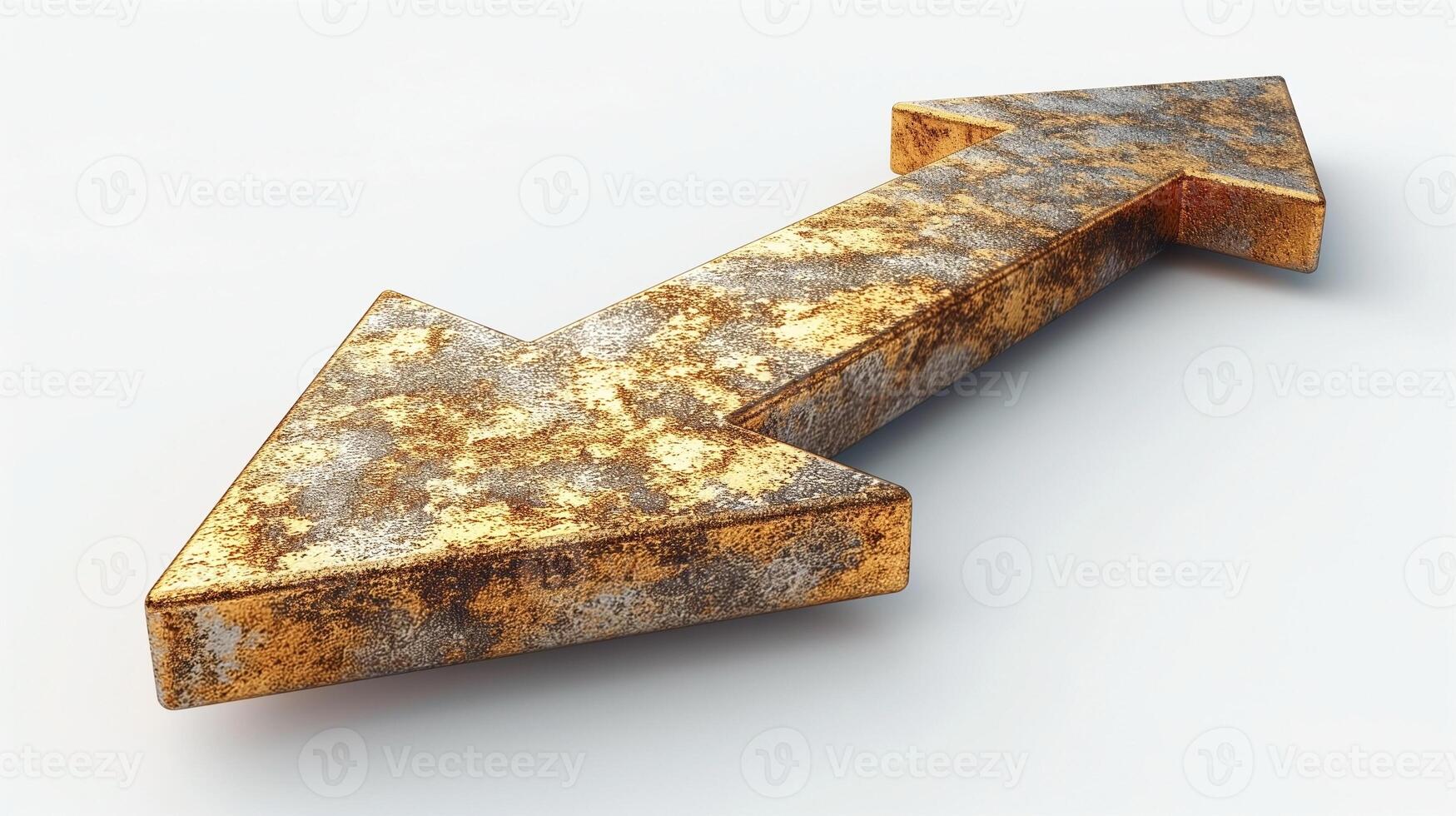 A rustic, tarnished metal arrow pointing to the left, showcasing weathered textures and a gritty aesthetic. photo