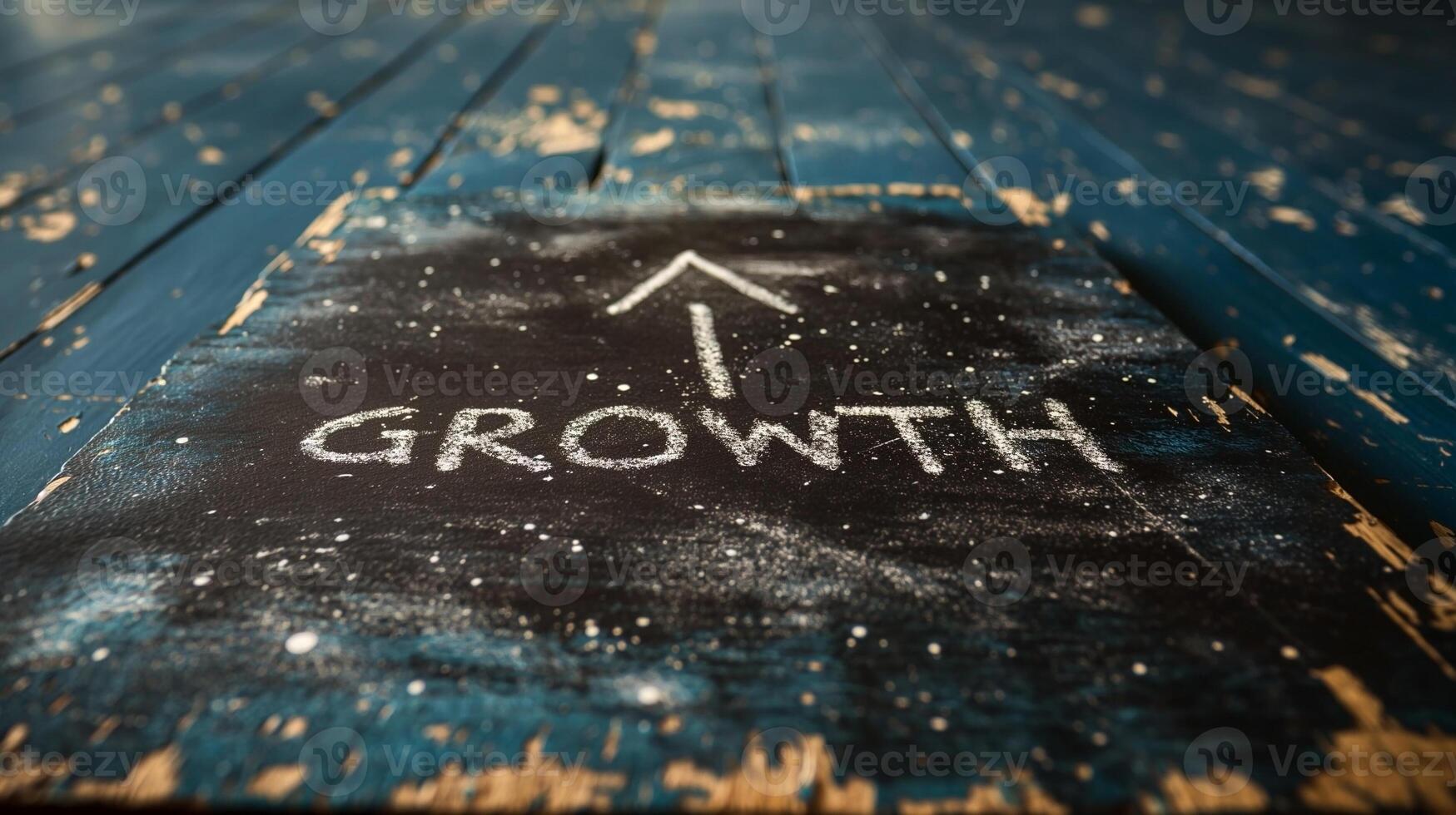 A chalkboard with the word 'GROWTH' and an upward arrow, symbolizing progress and development on a weathered blue wooden floor. photo