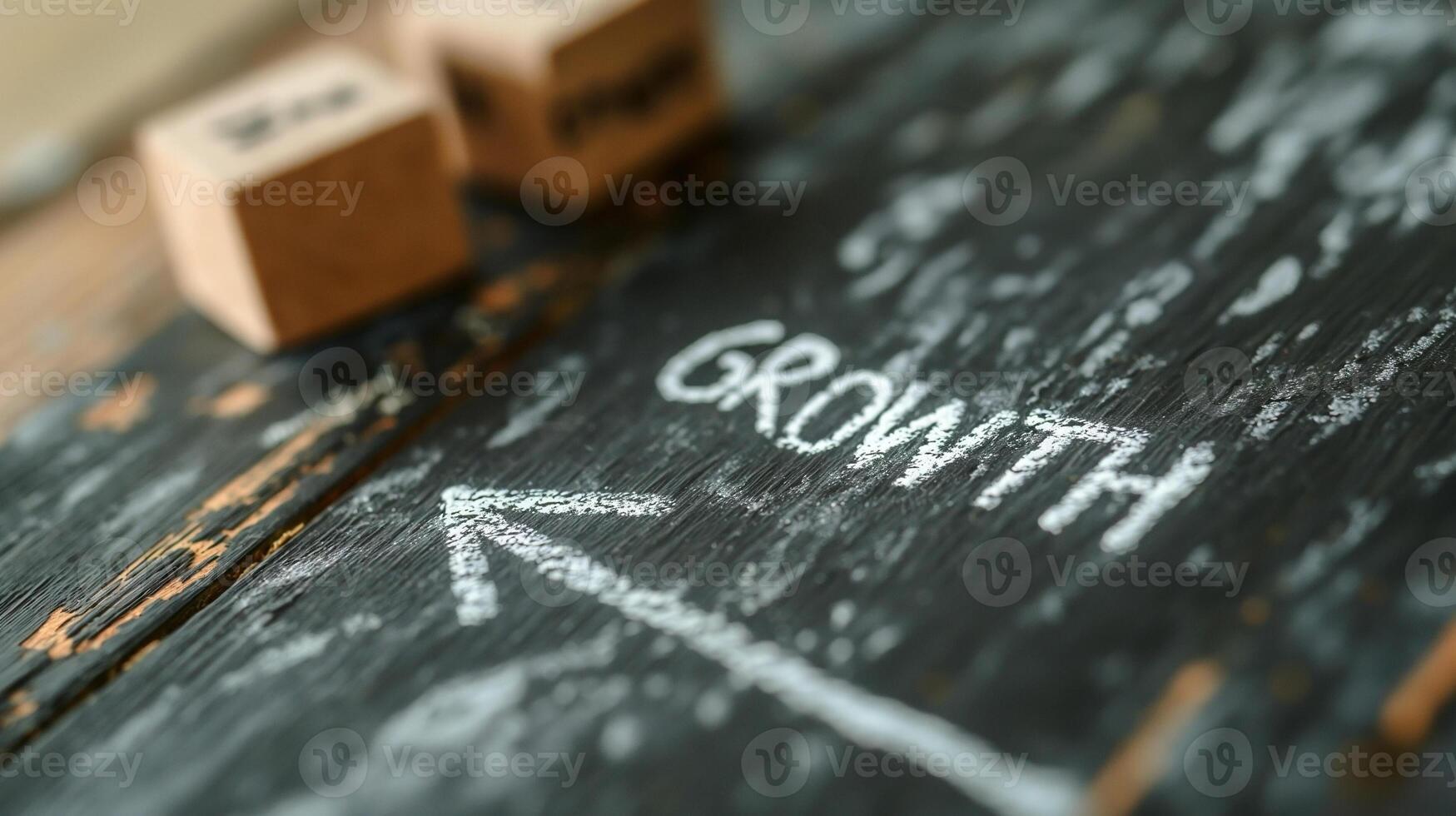 A close-up of the word 'GROWTH' written in chalk on a rustic wooden surface, symbolizing progress and development. photo