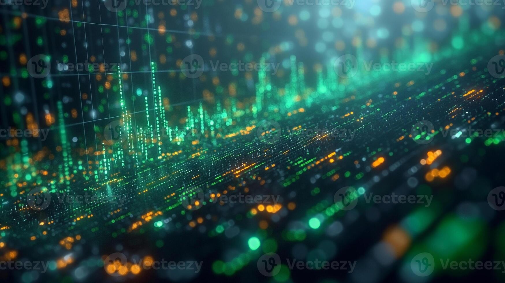 Abstract digital data visualization with green and orange glowing elements, creating a dynamic wave pattern. photo