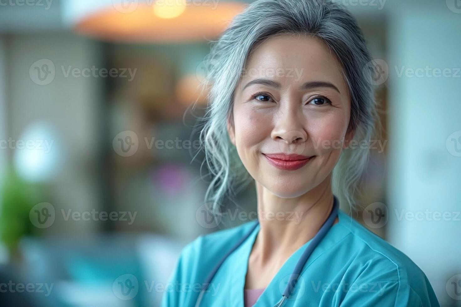 Smiling elderly Asian female nurse in scrubs radiating warmth and professionalism. photo
