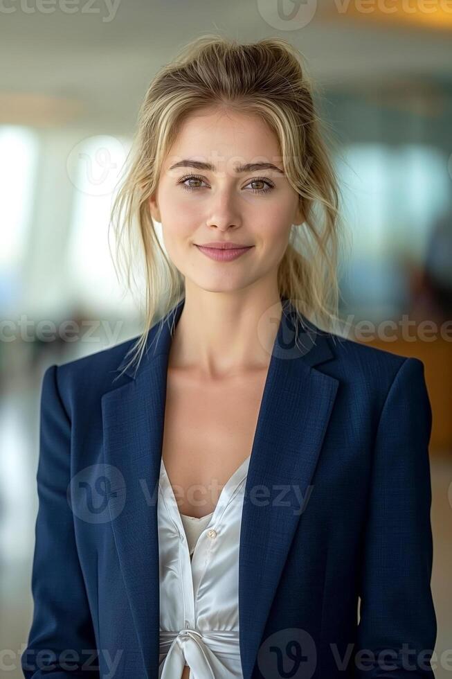 A young Caucasian woman in a stylish blazer poses confidently, showcasing a professional demeanor in a bright office setting. photo