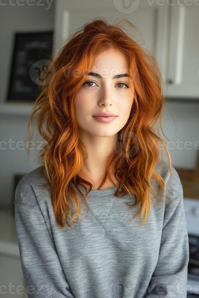 A young woman with wavy, auburn hair wearing a gray sweater, smiling softly in a bright, cozy kitchen. photo