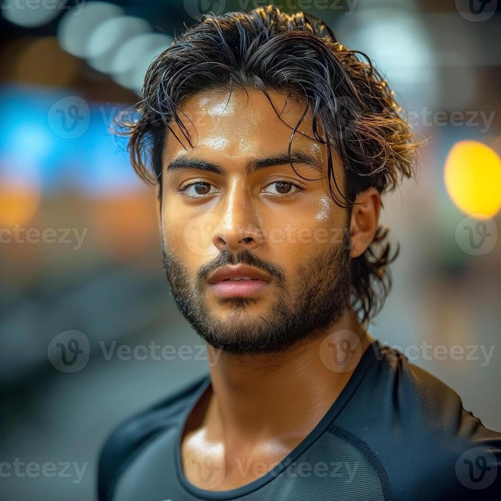 Intense young South Asian male athlete with a focused expression, showcasing determination in a gym setting. photo