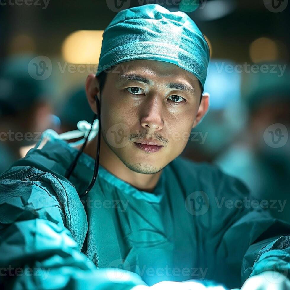 Focused male Asian surgeon in teal scrubs, prepared for a critical operation in a sterile environment. photo