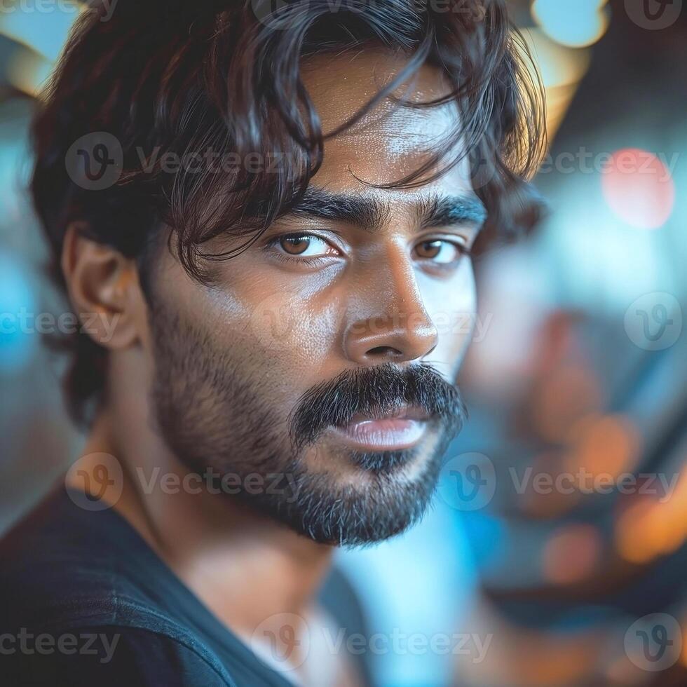 Close-up portrait of a handsome South Asian man with a thick beard, exuding confidence in a vibrant urban setting. photo
