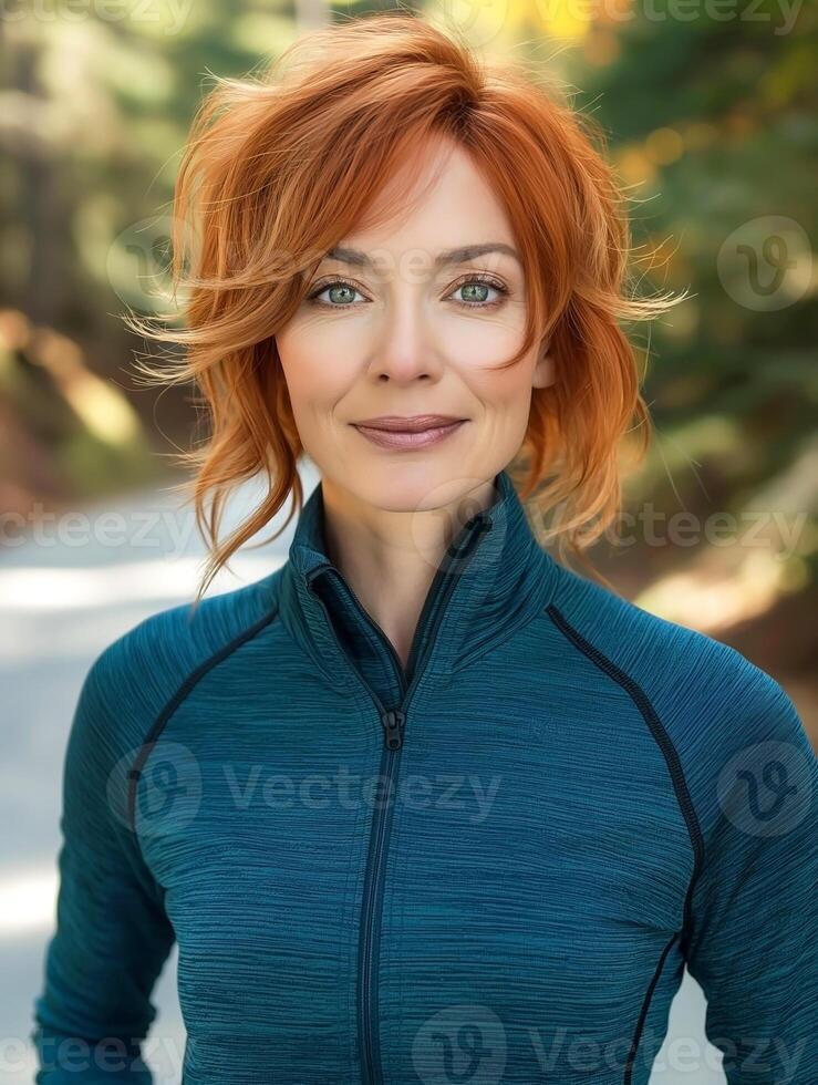Confident Caucasian woman with vibrant red hair smiling in a natural outdoor setting. photo